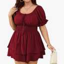 SCOMCHIC Women Plus Size Romper Dress Summer Short Jumpsuit Square Neck Puff Sleeve High Waist Ruffle Boho Jumpsuits,4XL