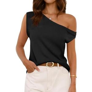 Cicy Bell Womens Off One Shoulder Tops Summer Ribbed Knit Tank Tops Trendy Casual Loose Fit Sleeveless Tee Shirts Black, Large