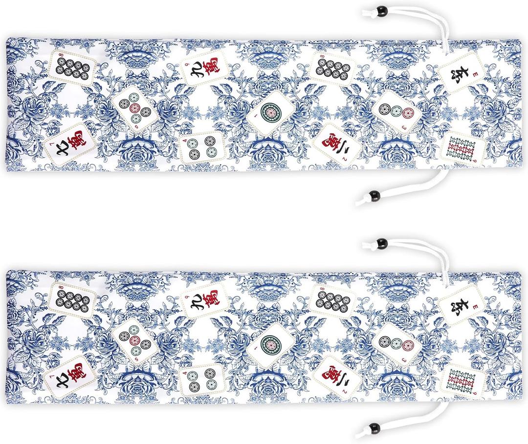 2 Pcs Blue Drawstring Mahjong Bags Protective Sleeve Printed Tile Bag 26 Inches Mahjong Racks for Tiles and Pushers for Mahjong Accessories and Gifts(Empty Bag Only)