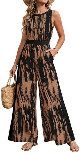 AGERWAY Women Jumpsuits Dressy Summer Round Neck Casual Sleeveless One Piece Outfit Floral Wide Leg Long Pant Romper Pockets M