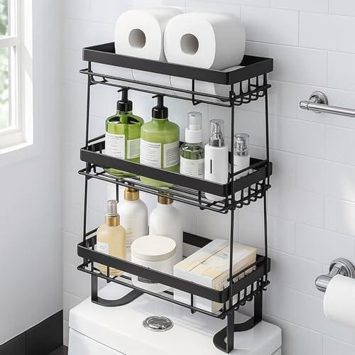 PowerKing Over The Toilet Storage Shelf, 3 Tier Bathroom Organizer Rack, No-Drill, Rust-Resistant Steel, Toilet Paper Holder for Restroom Bathroom, Black