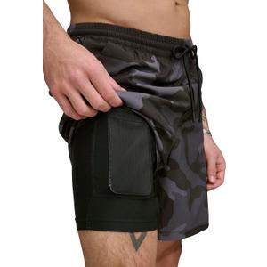DKNY Men's Stretch Quick Dry Volley UPF 40+ Protection Swim Trunk (Medium, Black Camo)