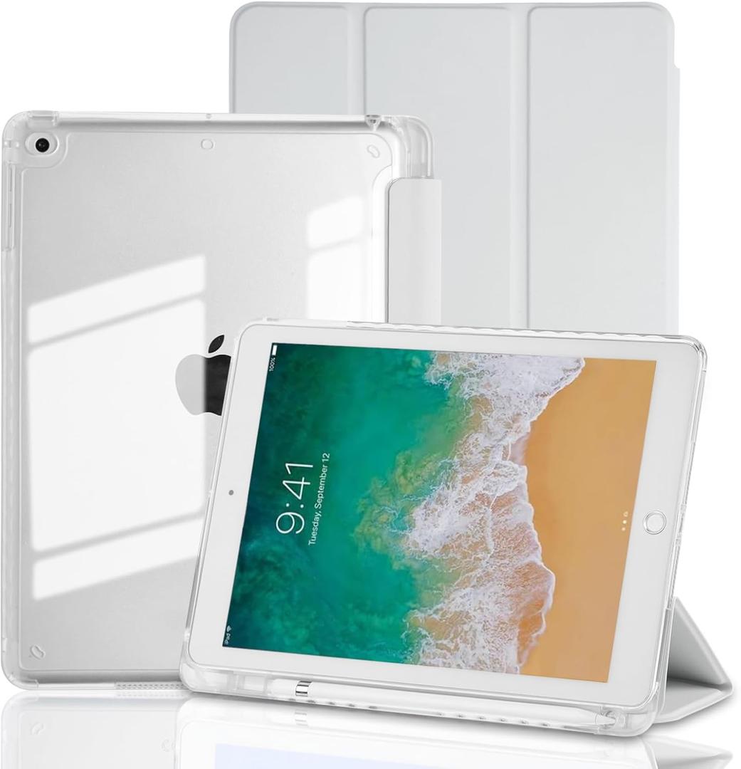 Case for iPad 9.7 Inch 6th/5th Generation (2018 2017), Hybrid Protective Cover with Pencil Holder, Clear Transparent Back Shell Anti-Yellowing Case for iPad 6 5 Gen, Light Gray