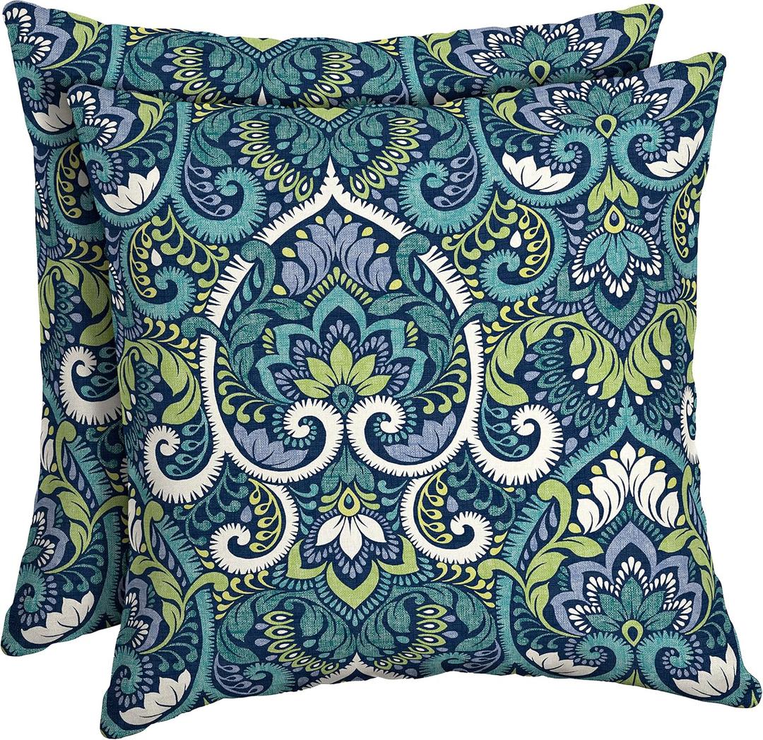 Arden Outdoor Toss Pillow, 2 Pack, 16 x 16, Rain-Proof, Fade Resistant Sapphire Aurora Blue Damask