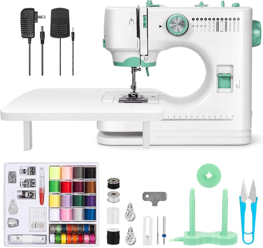 Sewing Machine for Beginners with Extension Table, 12 Stitches Portable Sewing Machine, Dual Speed (High/Low) with Foot Pedal & 6 Feet