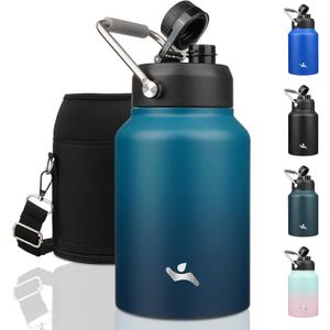 Konokyo Half Gallon Jug with Handle,64 oz Insulated Water Bottle with Carrying Pouch,Double Wall Vacuum Stainless Steel Metal Bottle,Indigo Black