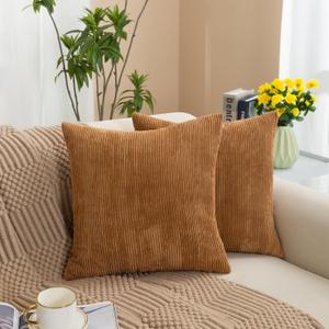 wangyiyi Pack of 2 Corduroy Decorative Throw Pillow Covers 18x18 Inch Soft Striped Square Cushion Cases Modern Farmhouse Home Decor for Couch Sofa Bed Living Room (Brown)
