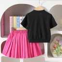 Girl's 2 Piece Summer Outfits Cute Floral Applique Short Sleeve Knitted Top and Pleated Skirt Set (Pink), 4Y
