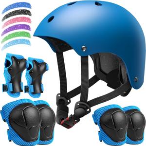 Kids Bike Helmet Set, Adjustable Helmet for Ages 2-3-5-8-14 Year Boys Girls, Toddler Pad Set with Knee and Elbow Pads for Bike, Roller, Skating, Scooter, Longboard and More Sports, (Blue) M