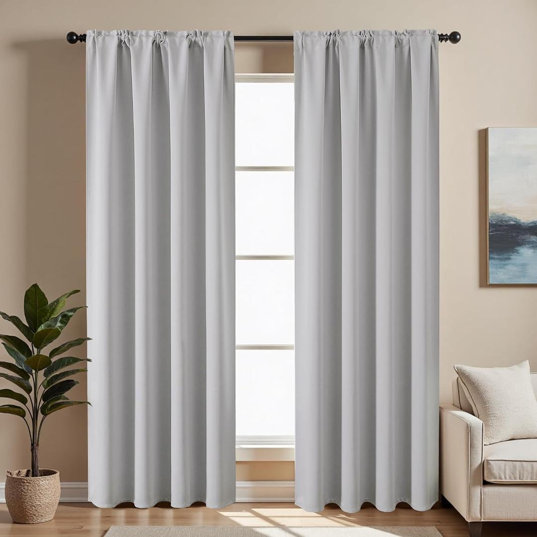 CUCRAF Grayish White Blackout Curtains 54 inch Length 2 Panels Set, Rod Pocket Room Darkening Drapes for Bedroom Living Room, Insulated Thermal Light Blocking Window Curtain (W52 x L54 Inch)