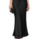 Women's Maxi Skirts Satin Drawstring High Waisted Silk Elegant Flowy Casual A-Line Long Skirt for Women Black M
