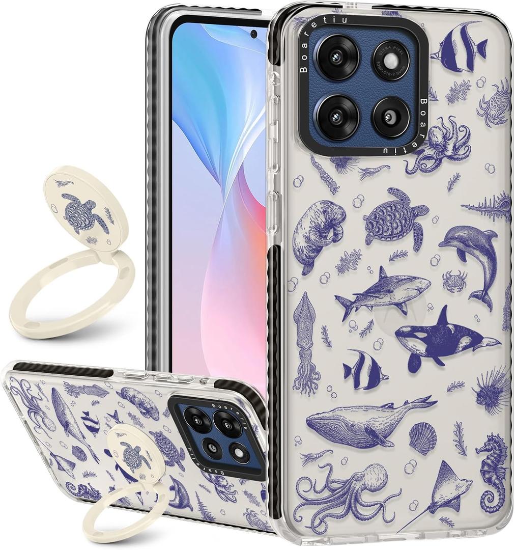 Boaretiu for Motorola Moto G Stylus 2025 Case - with Stand Cute Kawaii Fashion 360 Rotate Ring Holder Kickstand Strawberry for Women Girls Boys Teens Girly Case for Moto G G Stylus 2025 (Sea Fish)