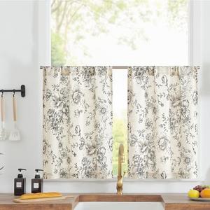 jinchan Linen Kitchen French Floral Tier Curtains 30 Inch Farmhouse Vintage Cafe Small Window Rustic Half Window Curtains for Living Room Bathroom 2 Panels Black on Beige