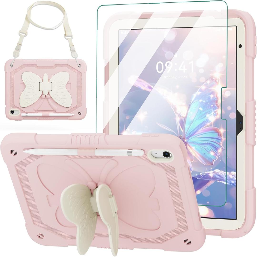 ACEMO iPad 10th Generation Case 10.9 inch/iPad (A16) 11th Generation Case 11 inch with Screen Protector/Shoulder Strap/Pencil Holder/Kickstand Cute Kids Girls Cover for iPad 2022 2025 Pink