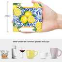 Coasters for Drinks Set of 6, Yellow Lemon Fruit Blue Ceramic Tiles Pattern Absorbent Square Ceramic Stone Mat, with Cork Base and Metal Holder, Gift for Housewarming Room Bar Decor