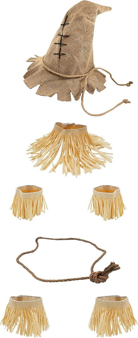 Nicky Bigs Novelties Brown Burlap Scarecrow Hat & Straw Kit Adjustable Fit Durable Thick Raffia Straw Halloween Costume 11 Piece Accessory Set for Adults Cosplay & Fall Decorations