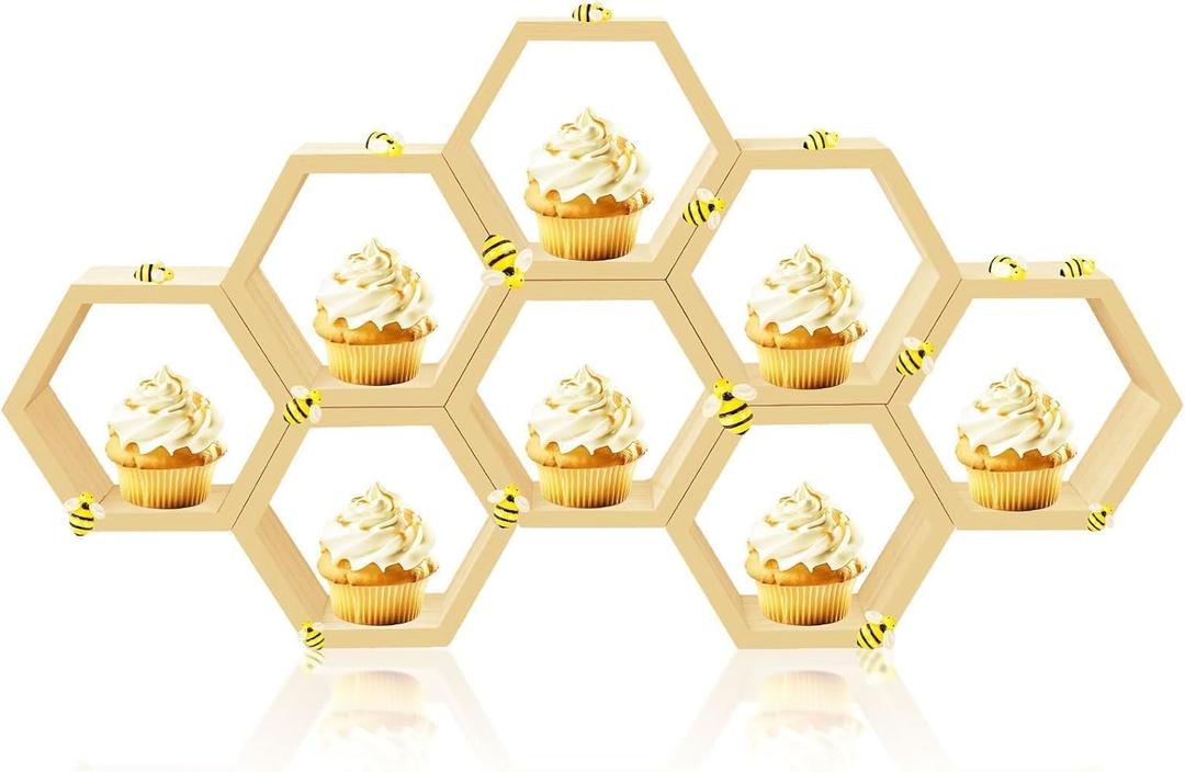 8 Pcs 5.5 Inch Honeycomb Cupcake Stand Cake Farmhouse Hexagon Display Holder Hexagonal Wood Cupcake Stand Floating Table Sign with Wooden Bee for Baby Shower Birthday Party Table Decorations (Original)