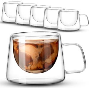 Rtteri 6.7 oz Double Wall Glass Coffee Mugs Set of 6 Espresso Mugs with Square Handle Glass Cappuccino Cups Tea Clear Coffee Insulated Cups Gift Set for Latte Tea Bag Beverage Cafe Kitchen
