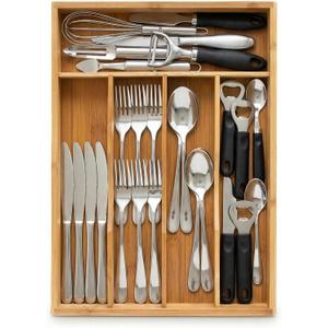 Bamboo Drawer Organizer - Kitchen Utensil Holder, 5 Slots Silverware Drawer Organization, Kitchen Wooden Tray for Cutlery, Flatware & Stationery - Natural