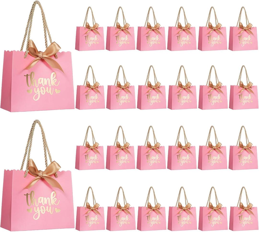 50 Pack Small Thank You Gift Bags with Handles, Pink Mini Party Favor Bags 5.5''x 2.5''x4.7'', Mini Gift Bags Bulk with Bow Ribbon for Valentine's Day, Bridal, Wedding, Baby Shower