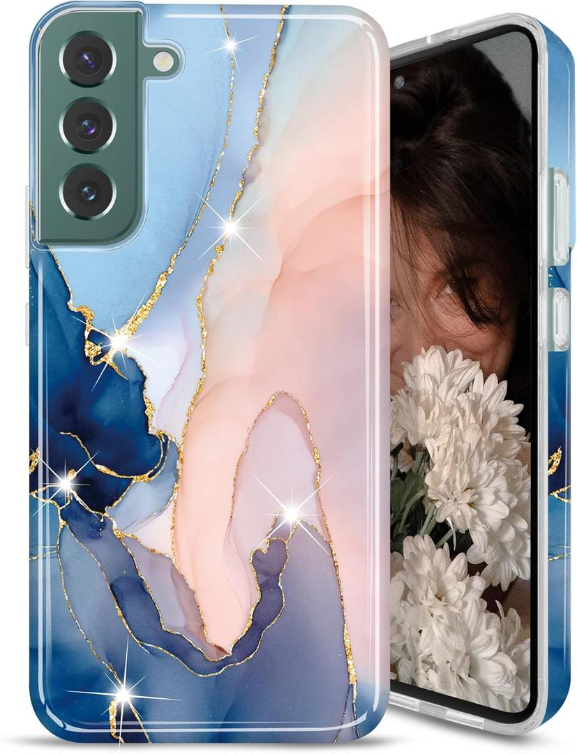 JAHOLAN Galaxy S22 Case Bling Glitter Sparkle Marble Design Clear Bumper Glossy TPU Soft Rubber Silicone Cover Phone Case for Samsung Galaxy S22 5G 6.1" 2022 - Purple