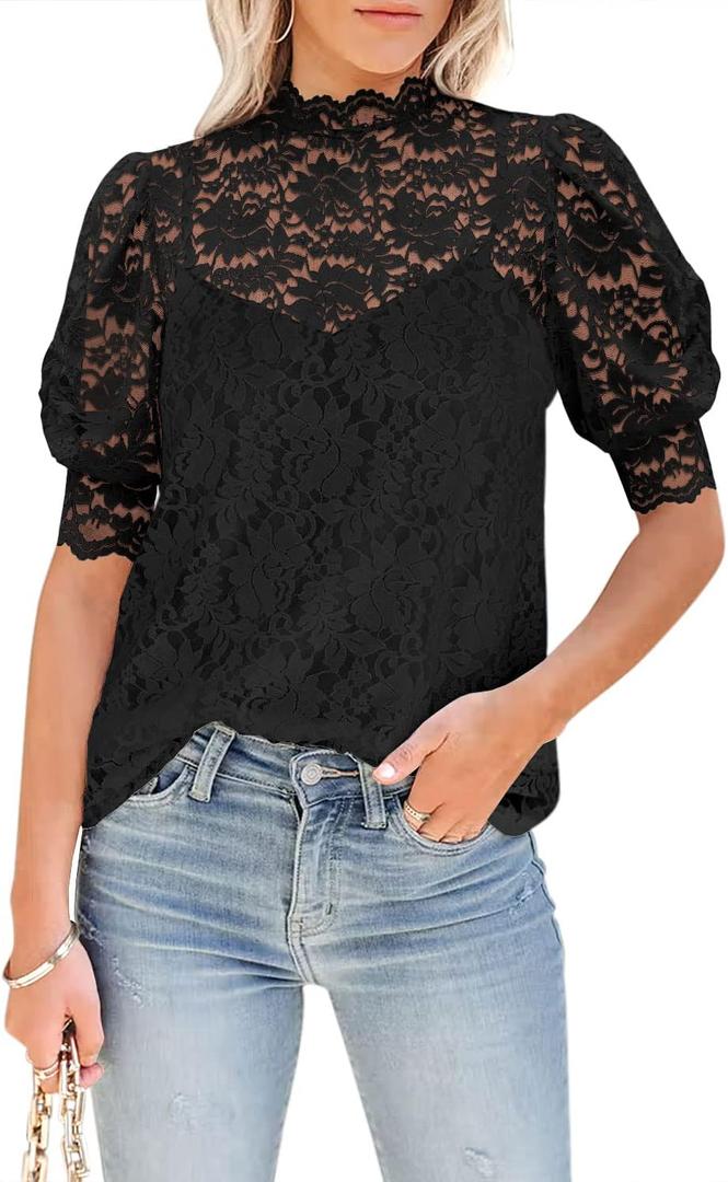 DOROSE Womens Tops and Blouses Dressy Casual Lace Floral Long Sleeve Shirts (Medium)