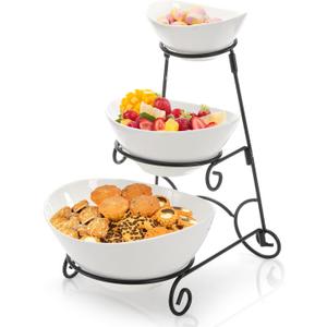 3 Tiered Serving Bowl Set, Ceramic Oval Serving Dishes with Collapsible Metal Rack, Chip and Dip Serving Set for Parties Entertaining, Appetizer Serving Platters for Fruit Dessert