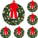 6 Pcs 14 Inch Mini Christmas Wreath with Lights Small LED Artificial Christmas Wreath Bulk with Red Bow for Xmas Holiday Front Door Windows Table Fireplaces Porch Wall Party Decor