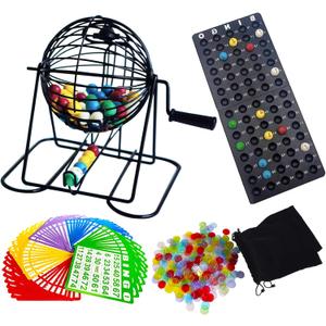 Yuanhe Deluxe Bingo Game Set - Metal Round Cage, 75 Colored Balls, 50 Bingo Cards, 300 Mixed Chips and Master Board for Large Groups, Parties