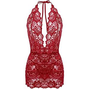 Gladiolus Lingerie for Women Lace Teddy Sexy Deep V Halter Open Back Bodysuit Babydoll XXL