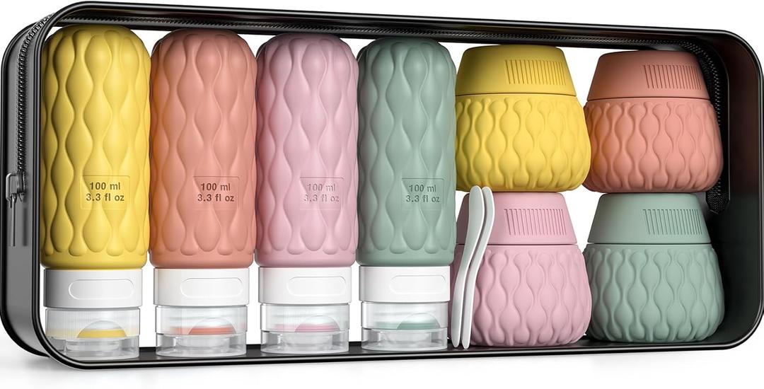 Silicone Travel Bottles for Toiletries 8 Pack Travel Size Toiletries 3.4 oz 1.7 oz, Leakproof Squeeze Travel Size Containers Refillable Cosmetic Jars Set for Shampoo, Conditioner, Creams (Green/Purple/Orange/Yellow)