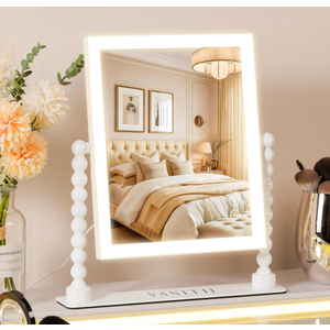 VANITII GLOBAL Vanity Makeup Mirror with Lights 9”x12” Hollywood Mirror with Music Speaker Dimmable 3 Color Lighting Light up Mirror with 10X Magnification 360 Degree Rotation for Bedroom Bathroom