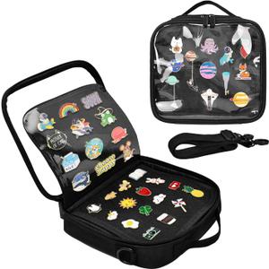 Enamel Pin Display Book, Small Collections Travel Pin Trading Book, Brooch Pin Lover Collector Bag, 6-Page Lapel Pin Display Board with Protective Film, Handles and Shoulder Strap, Black