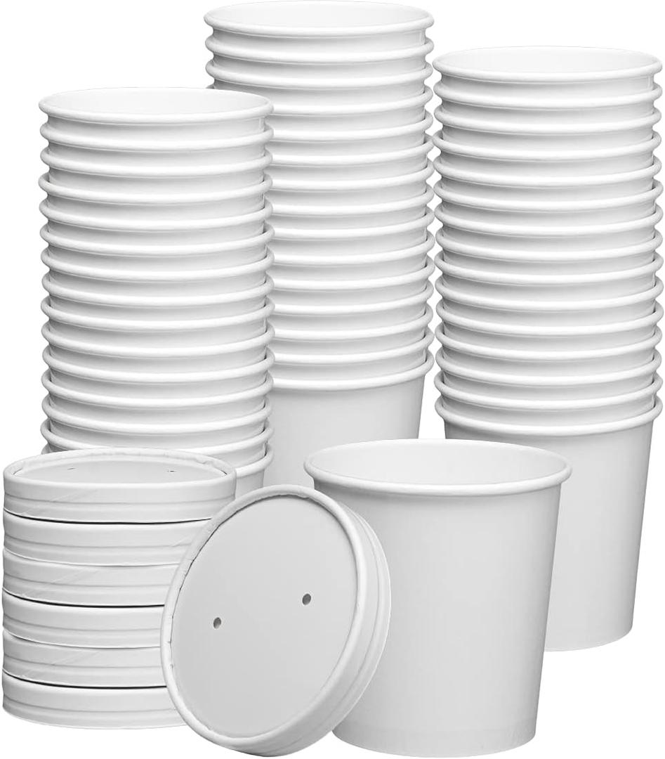 GUSTO [16 oz. - 50 Count White Paper Food Containers with Vented Lids - To Go Hot Soup Bowls, Disposable Ice Cream Cups, Ideal for Hot and Cold Foods - (Formerly Comfy Package)