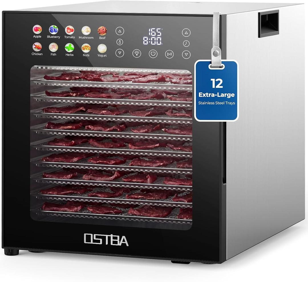 OSTBA Food Dehydrator, 12 Stainless Steel Trays, 95165 Adjustable Temp, 48h Digital Timer, 850W Food Dryer, Front Control Panel with 10 Presets for Fruit, Vegetable, Jerky, Herb, Commercial Use