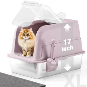Stainless Steel Cat Litter Box Fully Enclosed Extra Large Metal High Sided Cat Box with 120 Fully Transparent See-Through Flip Lid, Scoop & Mat - Pink -XL