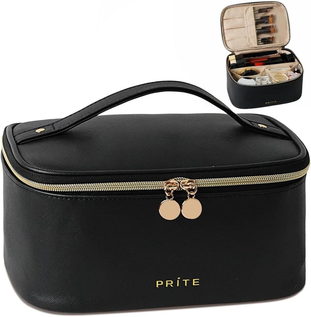 Prite Makeup Bag, Large Capacity Portable Travel Cosmetic Bag, Waterproof Makeup Organizer for Women with Handle and Divider (001 Black)