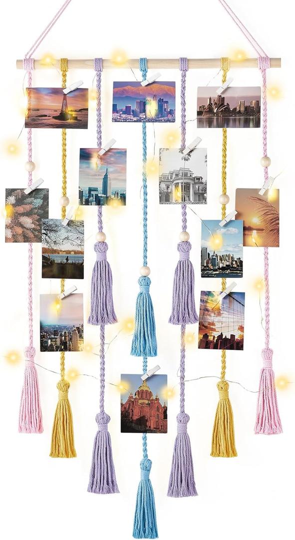 Mkono Hanging Photo Display Boho Macrame Wall Decor with Light, Teen Girl Teenage Gifts, Pictures Cards Frame Holder Art Hanger for Christmas Birthday Party Bedroom Dorm, with 30 Wood Clips, Multi