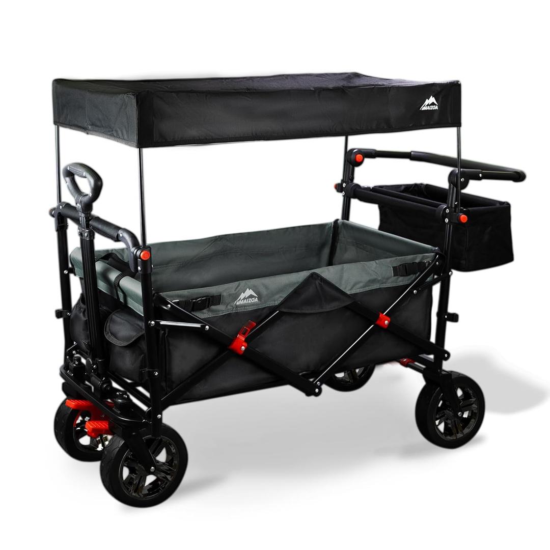 Foldable Wagons with Removable Canopy, Seat Belts, Reversible Handlebar, Removable Canopy, 220lbs Weight Capacity, Folding Wagon for Ages 1+ Years, Suitable for Family Travel, Cargo, Gift