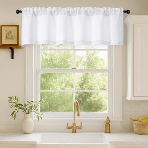 White Valances for Windows 1 Piece, Soft Solid Thermal Insulated Decorative Small Kitchen Window Curtains for Bathroom Basement Cafe, White, 60" Wx14 L