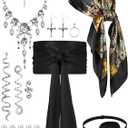 Remuuly 24 Pcs Pirate Costume Women Rave Accessories Pirate Head Scarf Sash Belt Eye Patch Necklace Earring Hair Accessory (Black and Silver)