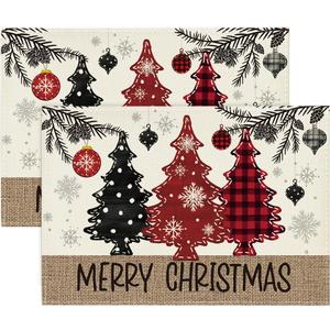 Artoid Mode Red Pine Trees Balls Merry Christmas Placemats Set of 2, 12x18 Inch Winter Xmas Table Mats for Party Kitchen Dining Decoration