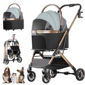 4 Wheels Pet Stroller for Small Medium Dogs Cats Up to 45 lbs Folding Dog Stroller with Detachable Breathable Carrier Suitable for Car Seat, Hand Carry & Travel, All Terrain, 3 in 1 Multifunctional (Grey)
