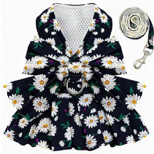 BAEJMJK Dog Dress Bowknot Harness Leash Set for Dogs Cats Daisy Floral Girl Dog Dresses Cute Puppy Princess Clothes Pet Doggy Outfits Spring Summer Breathable Dresses (Large, Navy Blue)