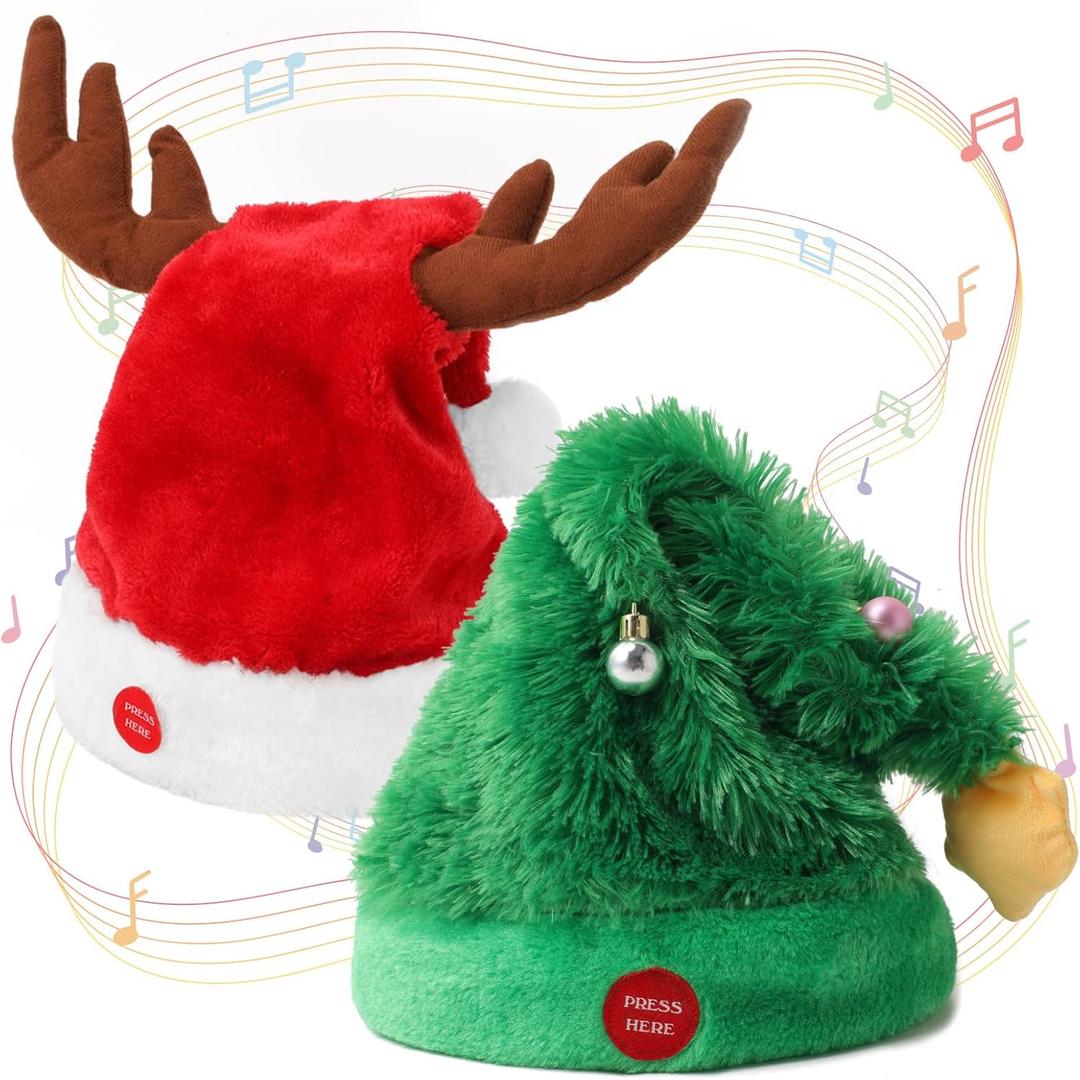 Music Swinging Electric Christmas Hat 2-Pack - Dancing Tree Hat & Reindeer Antlers Hats with Singing and Dancing Interactive Features, Plush Santa Hats for Adults & Kids