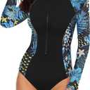 SELINK Women's Long Sleeve Rash Guard UV Protection Zipper Printed Surfing One Piece Swimsuit Bathing Suit Blue Floral-XL