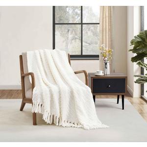 CREVENT 50"X60" Farmhouse Breathable Soft Chenille Knitted Textured Throw Blanket for Couch Chair Bed, Boho Home Decor for Living Room (Ivory)