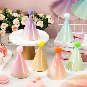 24Pcs Pastel Birthday Party Hats with Pompom Elastic Cord Rainbow Paper Cone Hat Colorful Photo Prop for Kids and Adults Birthday, Baby Shower, Bridal Shower Party Decorations