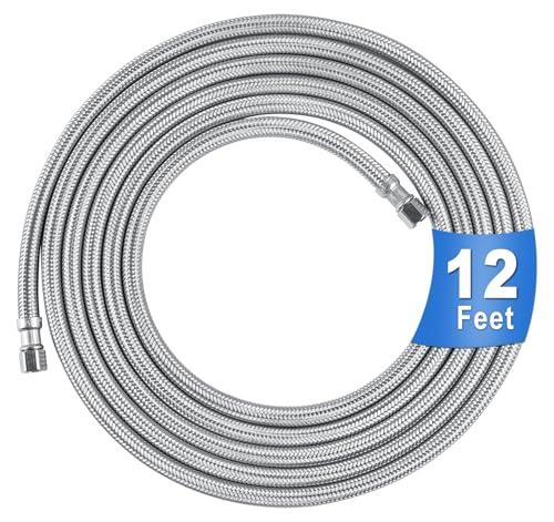 Refrigerator Water Line Kit 12FT, 1Plusselect Premium Stainless Steel Braided Ice Maker Water Line with 1/4 Inch Compression Fittings, Food Grade PEX Inner Hose Tube for Fridge Ice Maker