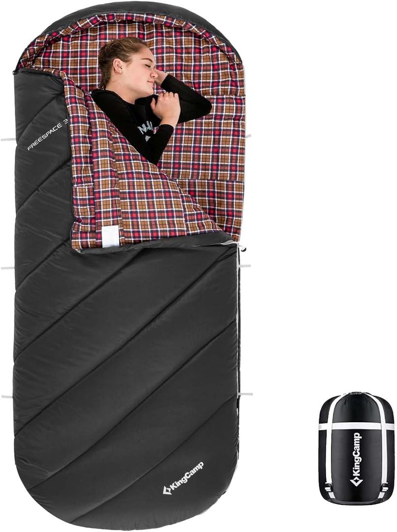 KingCamp Sleeping Bag for Adults, Cold Weather & Warm Extra Wide Big & Tall XL Portable Waterproof Flannel Sleeping Bags, Essentials Gear Accessories for Camping Backpacking Hiking Indoor & Outdoor (Thermal Pod 4.6lbs Black)